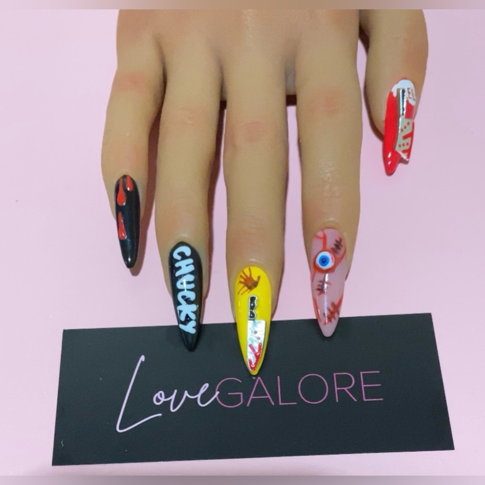 Hand crafted Chucky theme Medium Stiletto Love Galore Press On Nails